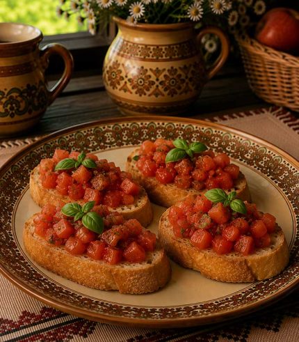 Savurează gustul simplu și proaspăt al bruschetelor cu roșii, un aperitiv inspirat din bucătăria mediteraneană. Pâinea este completată de roșii proaspete și busuioc aromat, pentru o combinație ușoară, gustoasă și plină de prospețime.