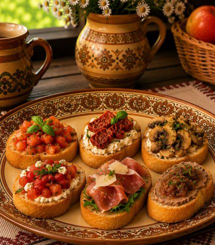 Descoperă Bruschetele Mixte de la Hanul La Barieră, o selecție savuroasă de bruschete pregătite pe pâine și completate cu somon, roșii și busuioc. Un aperitiv gustos și aromat, potrivit pentru cei care apreciază combinațiile echilibrate și preparatele inspirate din bucătăria tradițională și modernă.