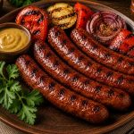 Savurează cârnații afumați la grătar, rumeniți și aromați, cu gust bogat și apetisant. Aroma specifică afumăturii, completată de savoarea preparării la grătar, face din acest preparat o alegere potrivită pentru iubitorii de carne bine rumenită și preparate consistente.