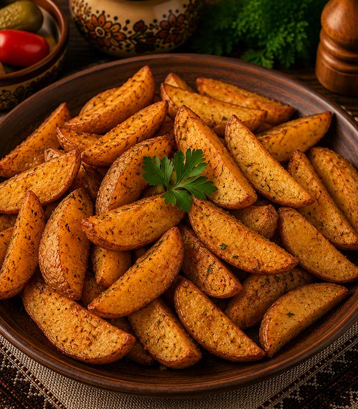 cartofi-wedges Cartofii wedges sunt o garnitură gustoasă și crocantă, potrivită pentru a completa o varietate de preparate din meniul Hanului La Barieră. Tăiați în felii generoase și rumeniți până capătă o crustă aurie, cartofii wedges oferă un gust savuros și o textură plăcută.