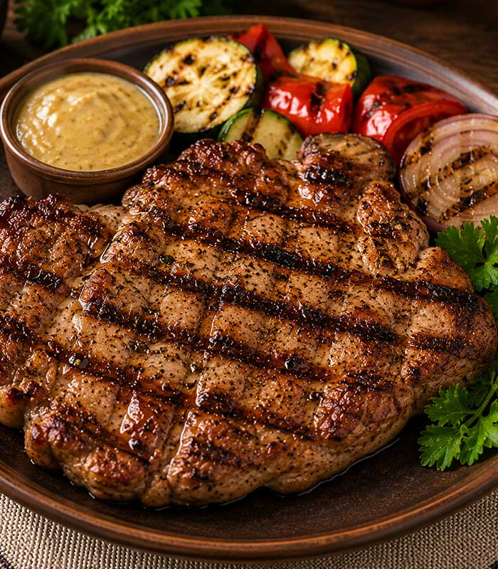 ceafa-de-porc-la-gratar Savurează ceafa de porc la grătar, un preparat apreciat pentru gustul bogat, textura fragedă și aroma apetisantă de grătar. Rumeniță și bine pregătită, ceafa de porc este alegerea ideală pentru cei care iubesc preparatele consistente și savuroase din carne.