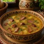 Savurează gustul bogat al ciorbei ardelenești cu tarhon și afumătură, un preparat inspirat din bucătăria tradițională românească. Aroma afumăturii, completată de parfumul distinct al tarhonului, transformă această ciorbă într-o alegere gustoasă și reconfortantă pentru o masă consistentă.