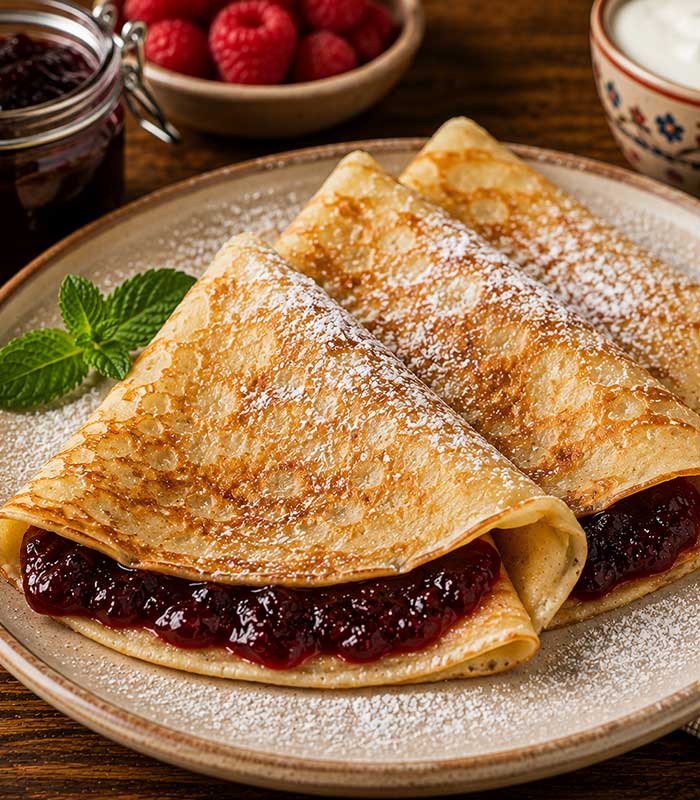 clatite-cu-dulceata Savurează clătitele cu dulceață, un desert clasic și îndrăgit, pregătit pentru iubitorii gusturilor simple și autentice. Clătitele fine și rumenite sunt completate cu dulceață aromată, pentru o combinație plăcută de texturi și savoare.