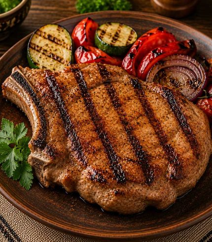 Savurează cotletul de porc la grătar, un preparat gustos și consistent, apreciat pentru carnea fragedă, aroma de grătar și crusta rumenită. Pregătit pentru a evidenția savoarea naturală a cărnii, cotletul de porc este alegerea potrivită pentru iubitorii preparatelor clasice și sățioase.