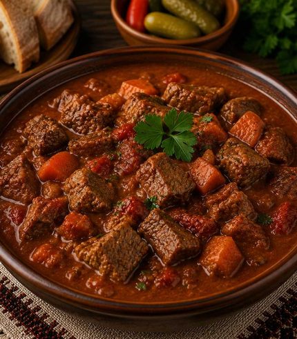 Savurează gulașul de vită, un preparat consistent și aromat, potrivit pentru iubitorii preparatelor din carne și ai gusturilor bogate. Carnea de vită, gătită până devine fragedă, se combină armonios cu sosul aromat, pentru o experiență culinară reconfortantă.