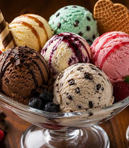Savurează înghețata asortată, un desert răcoritor și delicios, perfect pentru iubitorii de dulciuri și de arome variate. Combinația de sortimente oferă o experiență plăcută la fiecare linguriță, fiind alegerea ideală pentru a încheia o masă gustoasă sau pentru o pauză dulce și răcoritoare.