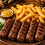 Savurează micii la grătar cu cartofi prăjiți, un preparat clasic și îndrăgit, perfect pentru iubitorii bucătăriei românești. Micii, rumeniți și aromați la grătar, sunt serviți alături de cartofi prăjiți aurii și crocanți, într-o combinație gustoasă și sățioasă.