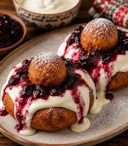 Savurează papanașii românești cu dulceață sau finetti, un desert tradițional îndrăgit, cu textură pufoasă și gust bogat. Papanașii sunt serviți cu smântână și dulceață de fructe de pădure, completate de un strat fin de zahăr pudră, pentru o combinație irezistibilă de arome și texturi.