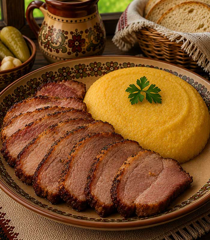 pastra-de-porc-cu-mamaliguta Savurează pastrama de porc cu mămăligă, un preparat tradițional și consistent, potrivit pentru iubitorii gusturilor autentice românești. Pastrama de porc este servită alături de mămăligă, într-o combinație simplă și savuroasă, perfectă pentru o masă copioasă.