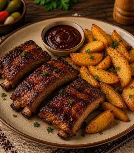 Savurează Platoul cu coaste de porc și cartofi wedges, o alegere delicioasă pentru iubitorii preparatelor consistente și a cărnii bine rumenite. Coastele de porc, fragede și savuroase, sunt acompaniate de cartofi wedges rumeniți, pentru o combinație perfectă de texturi și arome.