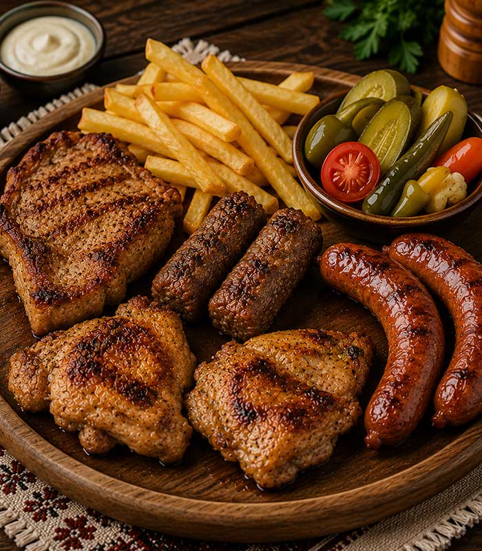 platou-mix-grill Savurează Platoul Mix Grill, alegerea perfectă pentru iubitorii preparatelor la grătar. Un platou variat și consistent, care reunește ceafă de porc, pulpe dezosate de pui, cârnați și mici, acompaniate de cartofi pai și murături.