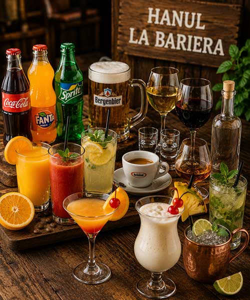 O selecție variată de băuturi răcoritoare, cafele, cocktail-uri, vinuri și băuturi spirtoase, alese pentru a completa perfect fiecare preparat și fiecare moment petrecut la Hanul La Barieră.