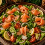 Savurează salata cu somon, o combinație proaspătă și gustoasă, perfectă pentru cei care apreciază preparatele ușoare, dar pline de savoare. Ingredientele proaspete și somonul fraged se îmbină armonios, oferind un preparat echilibrat și apetisant.