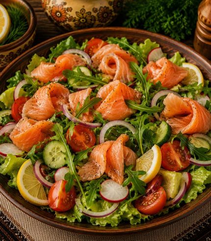 Savurează salata cu somon, o combinație proaspătă și gustoasă, perfectă pentru cei care apreciază preparatele ușoare, dar pline de savoare. Ingredientele proaspete și somonul fraged se îmbină armonios, oferind un preparat echilibrat și apetisant.