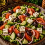 Savurează salata grecească, un preparat proaspăt și aromat, perfect pentru cei care apreciază combinațiile simple și gustoase de legume. Roșiile, castraveții, ceapa și măslinele se completează armonios cu brânza feta și oregano, pentru un gust mediteranean autentic.