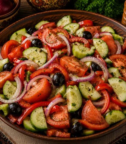 Savurează salata românească, o combinație proaspătă și gustoasă de legume, inspirată din bucătăria tradițională. Roșiile, castraveții, ceapa roșie și ardeiul se îmbină armonios pentru un preparat simplu, aromat și plin de prospețime.