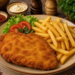 Un preparat clasic și gustos, șnițelul de pui sau porc cu cartofi prăjiți combină carnea fragedă de pui, învelită într-o crustă crocantă și rumenită, cu cartofi prăjiți aurii și crocanți.