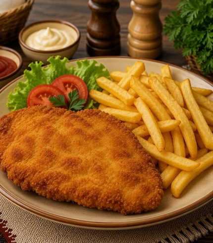 Un preparat clasic și gustos, șnițelul de pui sau porc cu cartofi prăjiți combină carnea fragedă de pui, învelită într-o crustă crocantă și rumenită, cu cartofi prăjiți aurii și crocanți.