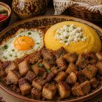 Savurează Tochitura dobrogeană, un preparat consistent și plin de savoare, inspirat din bucătăria tradițională românească. Combinația de carne de porc, carne de pui și cârnăciori, acompaniată de sos, mămăligă și ou, oferă o masă bogată și reconfortantă.